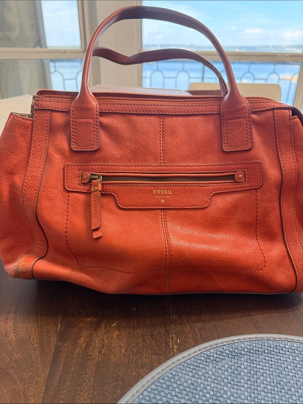 Fossil Coral-Orange Leather Satchel with Front Zip Pocket